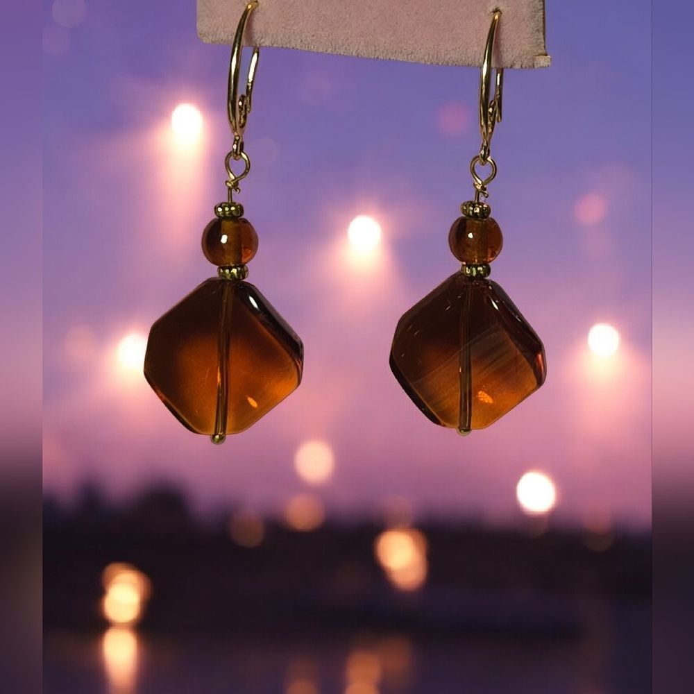 HANDMADE Amber Drop Pierced Earrings w/Gold Curly Hooks Vintage Style